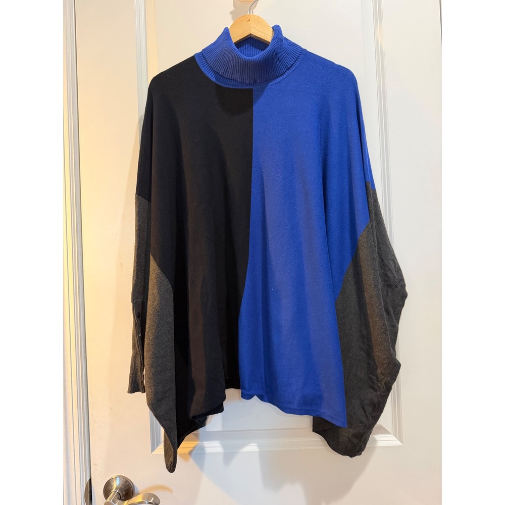 Alfani Colorblock Poncho Sweater Blue Black Grey Turtleneck Batwing Sleeve Large